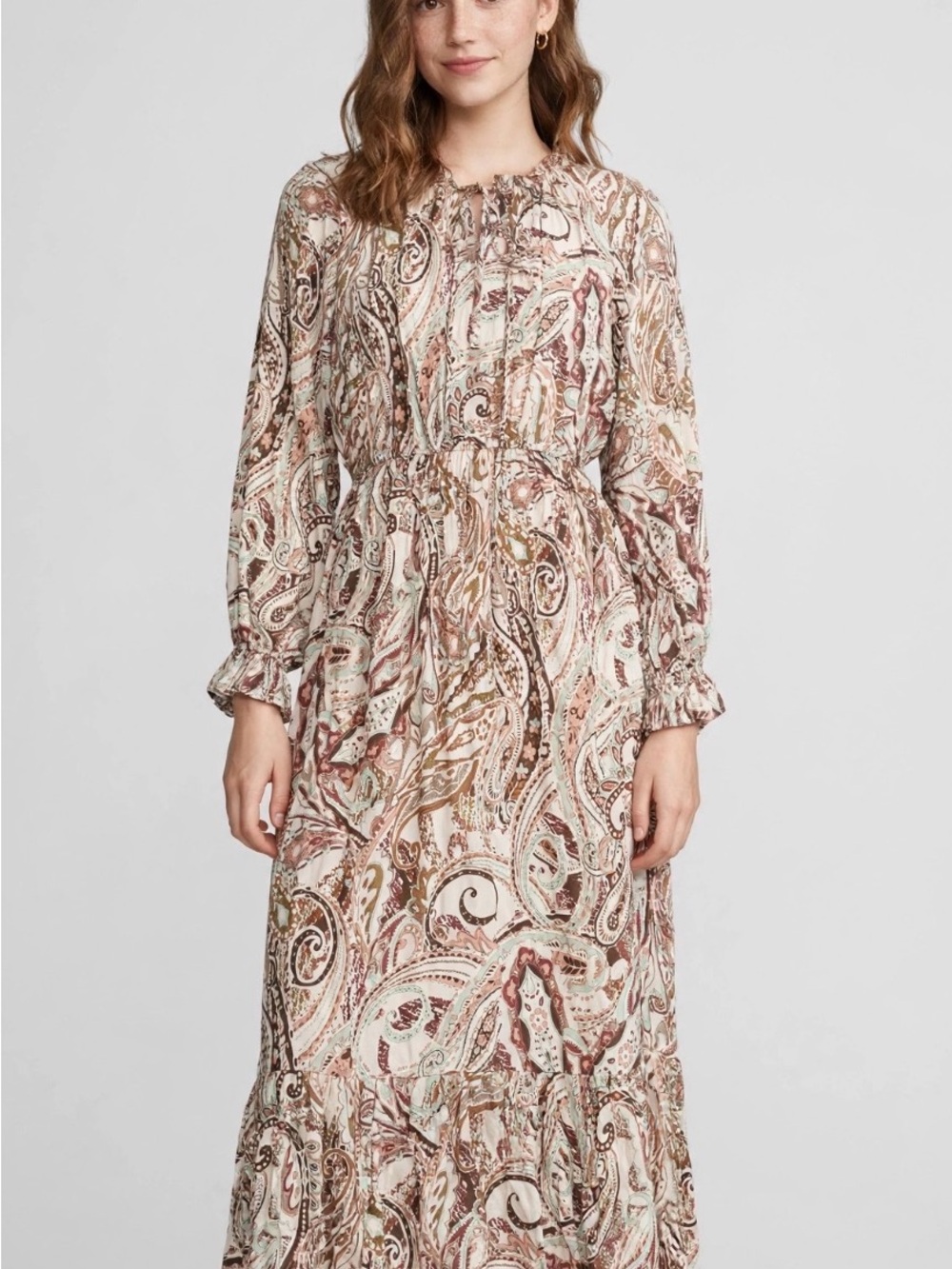 Bohme Boho Paisley Long Sleeve Maxi Dress - Cream & Pink Medium NWT